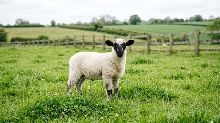 Fototapeta premium Fluffy young lamb standing in a green pasture