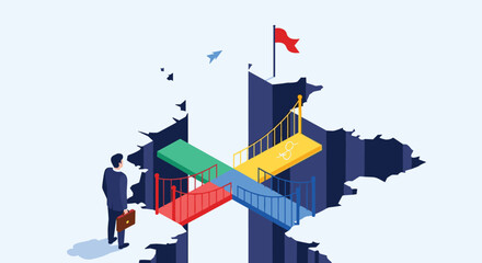 Fototapeta premium Businessman stands at the edge of a chasm looking at colorful bridges leading to a red flag, representing strategic planning and goal attainment.