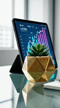 Financial growth charts and stock market data displaying on tablet screen on modern office desk
