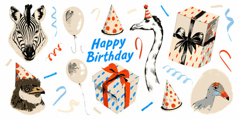 Zebra head goose and guinea pig illustration with birthday elements © AnupKumar