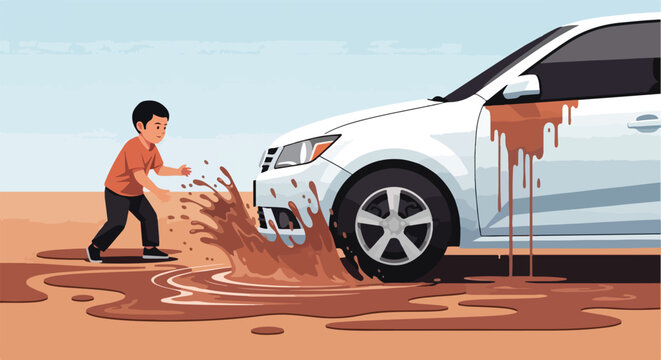 Child plays in mud splash near a mud-splattered car
