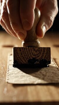 Close up of artisan hand stamping a logo with wooden rubber stamp on craft paper