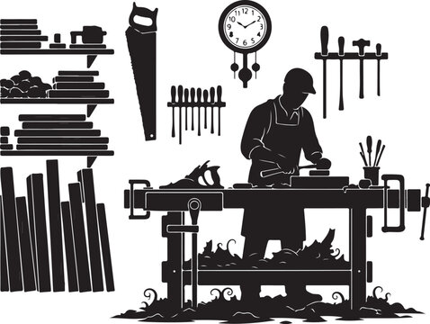 Black silhouette of man working at workbench with tools clock