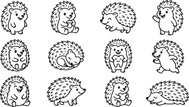 Cute Hedgehog Cartoon Outline Vector Silhouette