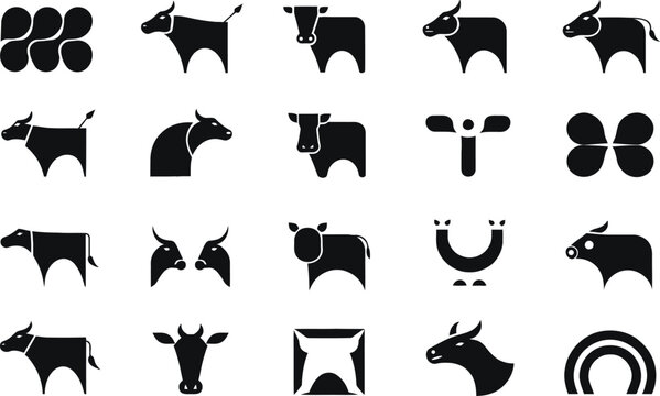 Collection of abstract and stylized silhouette cows and bulls in various poses and forms suitable for creative designs.