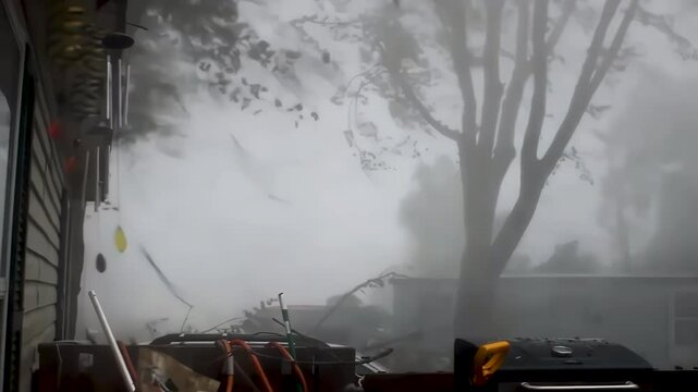 A severe windstorm is knocking down trees in the yard of a house.