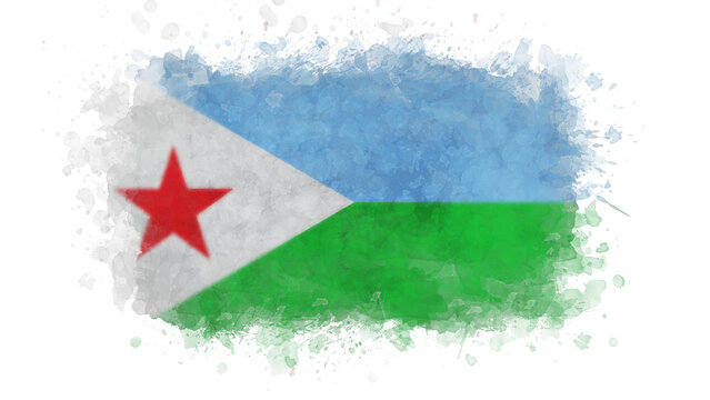 The flag of Djibouti is depicted with a watercolor splash effect, showcasing its striking design of a white triangle, green and light blue horizontal bands, and a red star.