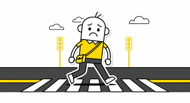 Cartoon boy nervously crossing a pedestrian crosswalk.