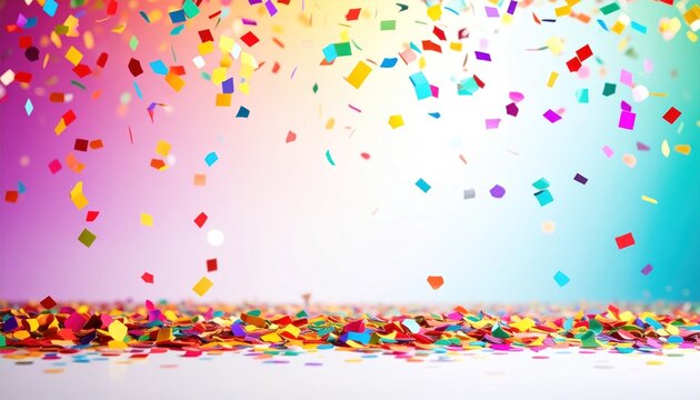 Colorful Confetti Falling and Scattered on a White Surface.