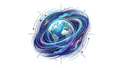 Abstract representation of Earth surrounded by cosmic energy and celestial rings. © yuzong