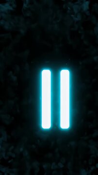 Glowing Cyan Neon Pause Icon Animation - A bright, glowing cyan neon pause icon pulses with light against a dark background filled with swirling, volumetric teal smoke.