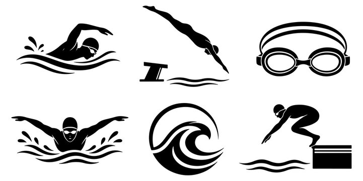 Set of Six Bold Black Silhouettes Depicting Various Swimming Activities and Gear, Including a Diver Entering Water, Front Crawl, Butterfly Stroke, a Swimmer on a Starting Block, Goggles