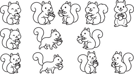 Cute Squirrel Holding Acorn Cartoon Outline Vector Illustration © Rini429