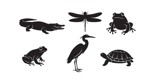 Wild animals silhouette set of alligator dragonfly frog heron turtle and crocodile in monochrome style.