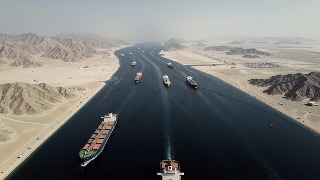 Aerial drone perspective of the Strait of Hormuz with oil tankers and cargo ships traveling through strategic Middle East maritime trade route