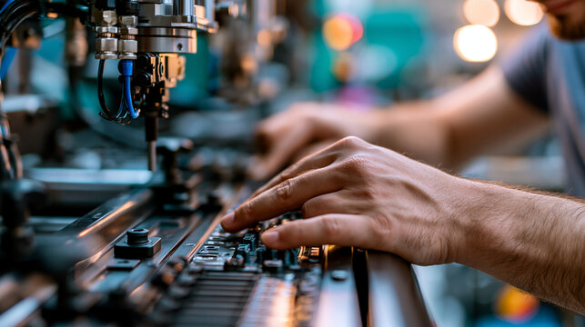 A close up of European worker hands uses softly a bright mechanical machine to mold calm plastic parts in a soft CNC factory in soft daylight plastic molding faceless detail