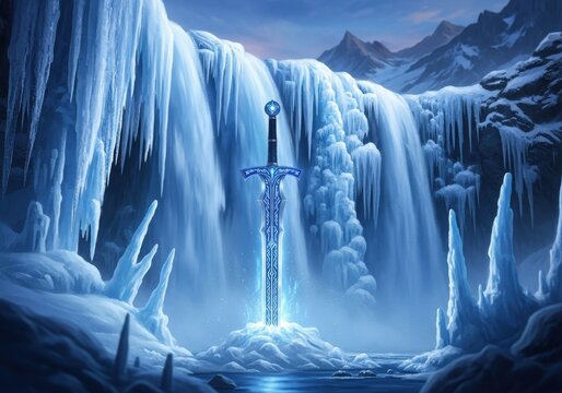 Magical Glowing Blue Fantasy Sword Embedded in a Frozen Ice Waterfall Landscape Digital Illustration