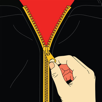 Hand zipping up a red lined jacket