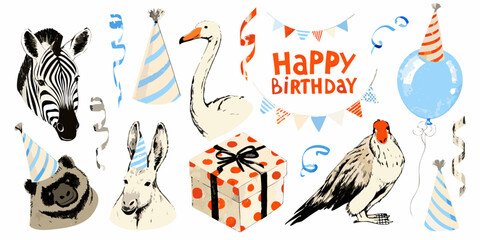 Animal Heads And Birthday Decorations Colorful Vector Illustration © Hemlata