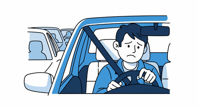 Stressed young driver holding steering wheel tightly inside car.