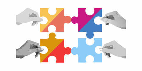 Fototapeta premium Four Interlocking Puzzle Pieces Held By Hands Vector Illustration