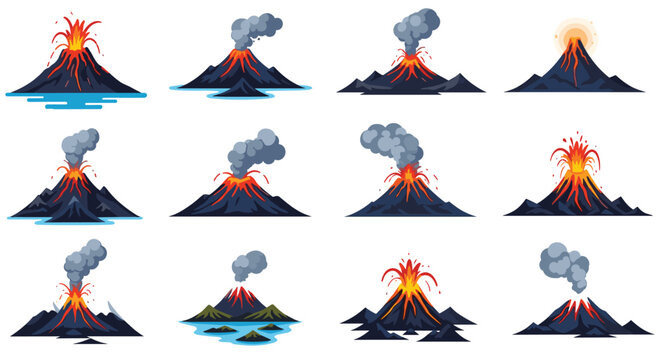 Set of dramatic volcanic eruption illustrations showing different types of smoke, lava, and mountain shapes.