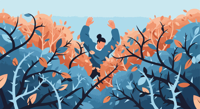 Person waving from thorny thicket