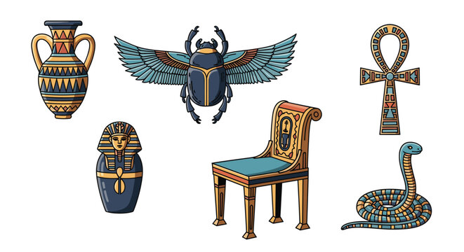 Ancient Egyptian symbols include a decorative vase, winged scarab beetle, ankh cross, pharaoh bust, ornate chair, and coiled snake.