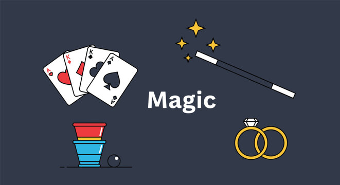 Magic performance icons including a deck of cards, magic wand with sparkles, interlocking rings, and a shell game on a dark background.