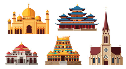 Obraz premium Collection of architectural icons features a mosque, pagoda, traditional temple, and a gothic church representing global traditions.