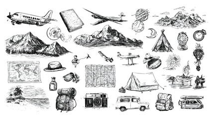 A vintage travel themed sketch featuring planes mountains and adventure gear © nexcraft
