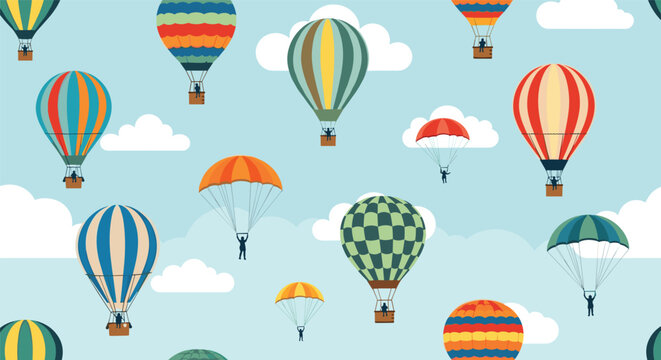 Endless pattern of colorful hot air balloons and parachutes with silhouettes of people floats through a clear blue sky with clouds.