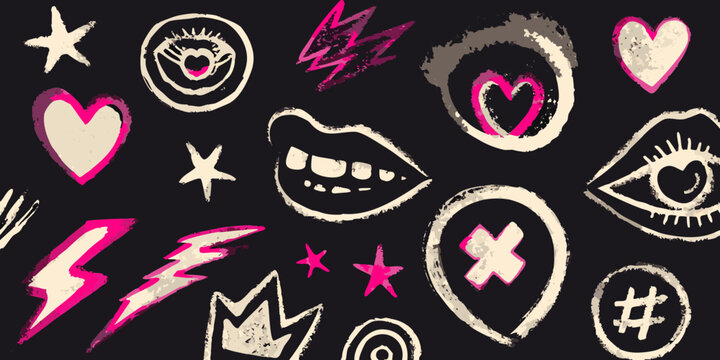Hand drawn hearts eyes and lightning bolts pattern on black background