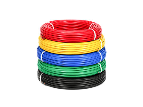 Colorful rolls of electrical wire cable isolated on white background.