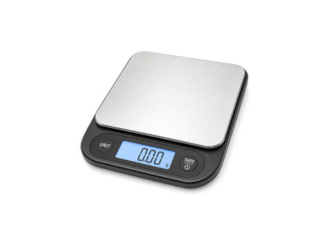 Digital kitchen weighing scale isolated on white background.
