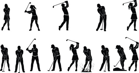 Fototapeta premium Golf Player Silhouette Collection Showing Swing and Putting Poses for Sports DesignGolf Player Silhouette Collection Showing Swing and Putting Poses for Sports Design