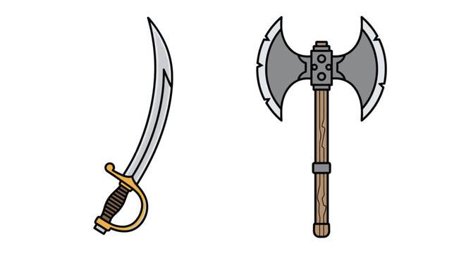 Medieval weapon illustrations featuring a curved scimitar sword with gold handle and a double-headed steel battle axe.