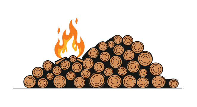 Large pile of wooden logs with a bright campfire burning on top of a small stack in the center of the wood collection.