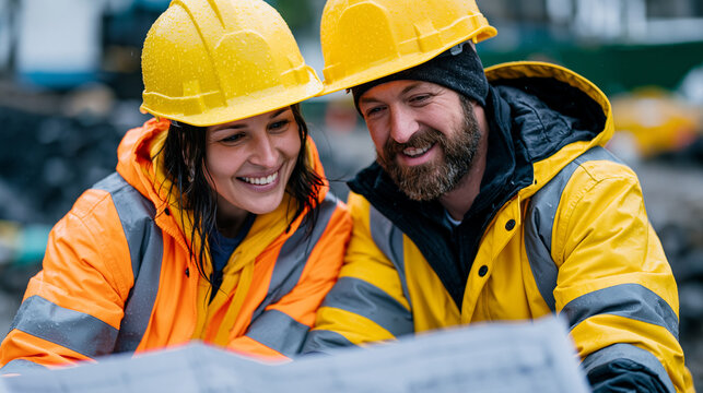 Civil engineer couple reviewing blueprints together at rain soaked outdoor construction site, family unit dynamic, hard hats touching as they lean over structural plans, candid unposed moment of dua