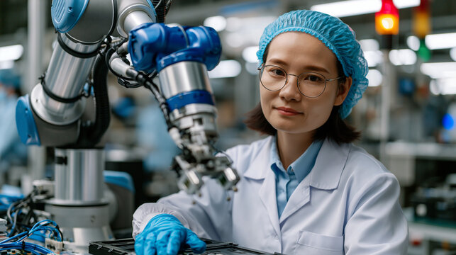 Collaborative robot arm pauses mid task as proximity sensor detects human hand reaching into shared workspace on electronics assembly line, automatic safety halt protecting female technician as over