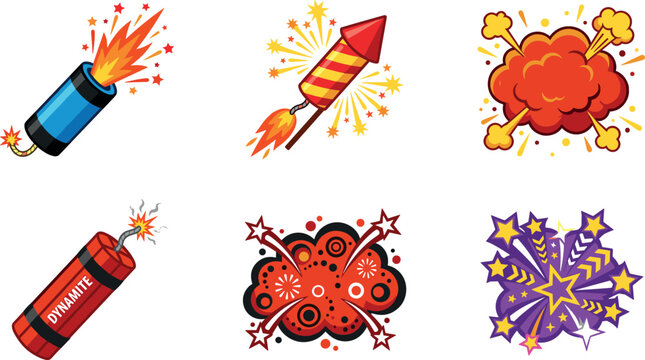 Cartoon Explosion and Firework Vector Icon Set Featuring Dynamite Bombs, Rocket Firecrackers, and Comic Blast Effect Illustrations