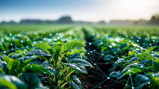 Vibrant field of plants connected by digital network lines symbolizing smart agriculture, technology and nature integration concept, with copy space