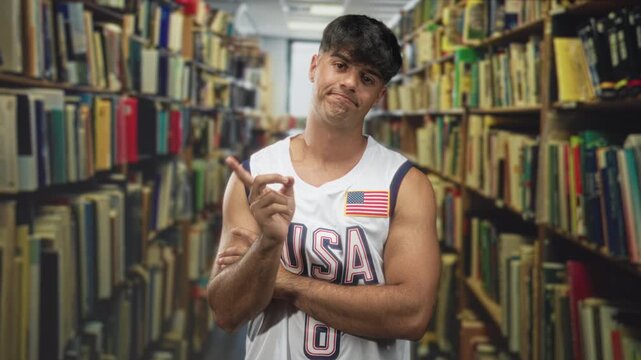 Man in usa basketball jersey points index finger while crossing arms showing exposed forearm in library building; skepticism.