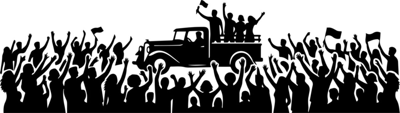 Black silhouette of a cheering crowd with people on a truck