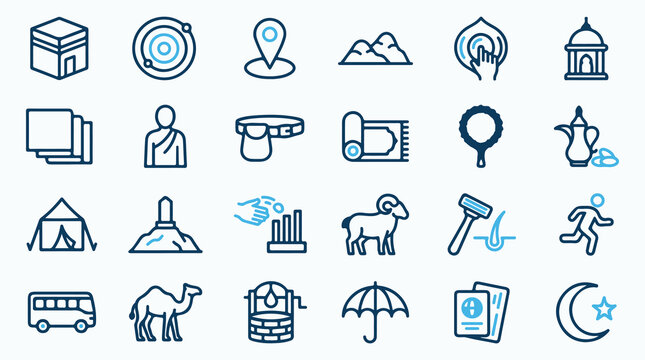 Hajj and Umrah Rituals Vector Line Icons. Set of outline symbols featuring Kaaba, Safa and Marwa, Ihram, Jamarat stoning, sacrificial sheep, razor, and passport.