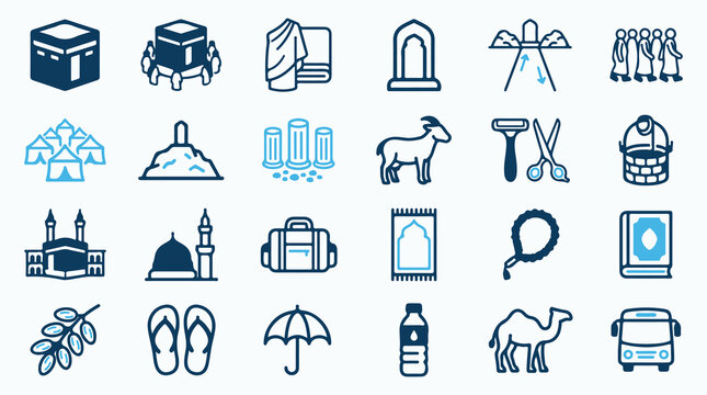 Hajj and Umrah Pilgrimage Line Icon Set. Collection of Islamic vector outline icons including Kaaba, pilgrims, Ihram, Jamarat, sacrificial goat, Zamzam well, and travel gear.