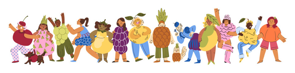 A collection of culturally diverse people, men, women, teenagers in fruit and berry costumes with pets, standing, running, jumping in a row © Senaysky