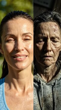 Split Screen Of Healthy Woman And Woman Showing Effects of Substance Abuse - A split-screen video vividly contrasts the healthy, smiling face of a woman with the aged, weathered appearance of another
