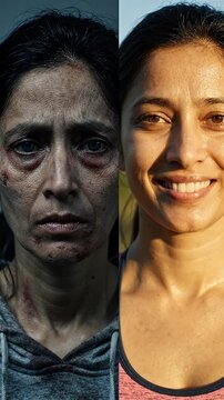 Woman's Face Contrasting Health and Substance Abuse Effects - This split screen video showcases two distinct portrayals of a woman's face, highlighting the severe impact of substance abuse versus a