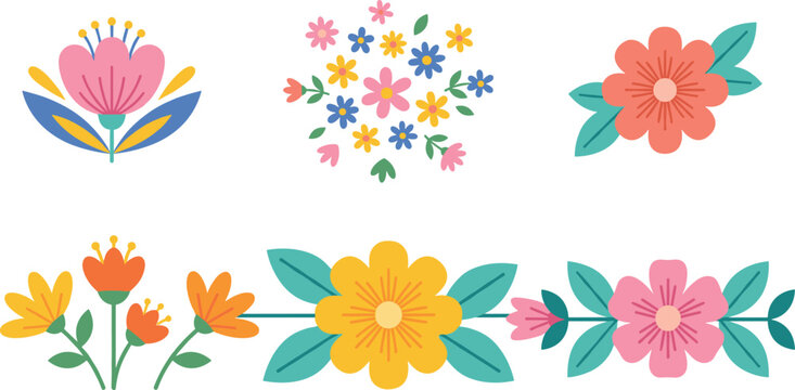 Colorful Floral Vector Icon Set with Blooming Flowers, Decorative Leaves, Spring Nature Elements, and Cute Botanical Design Collection